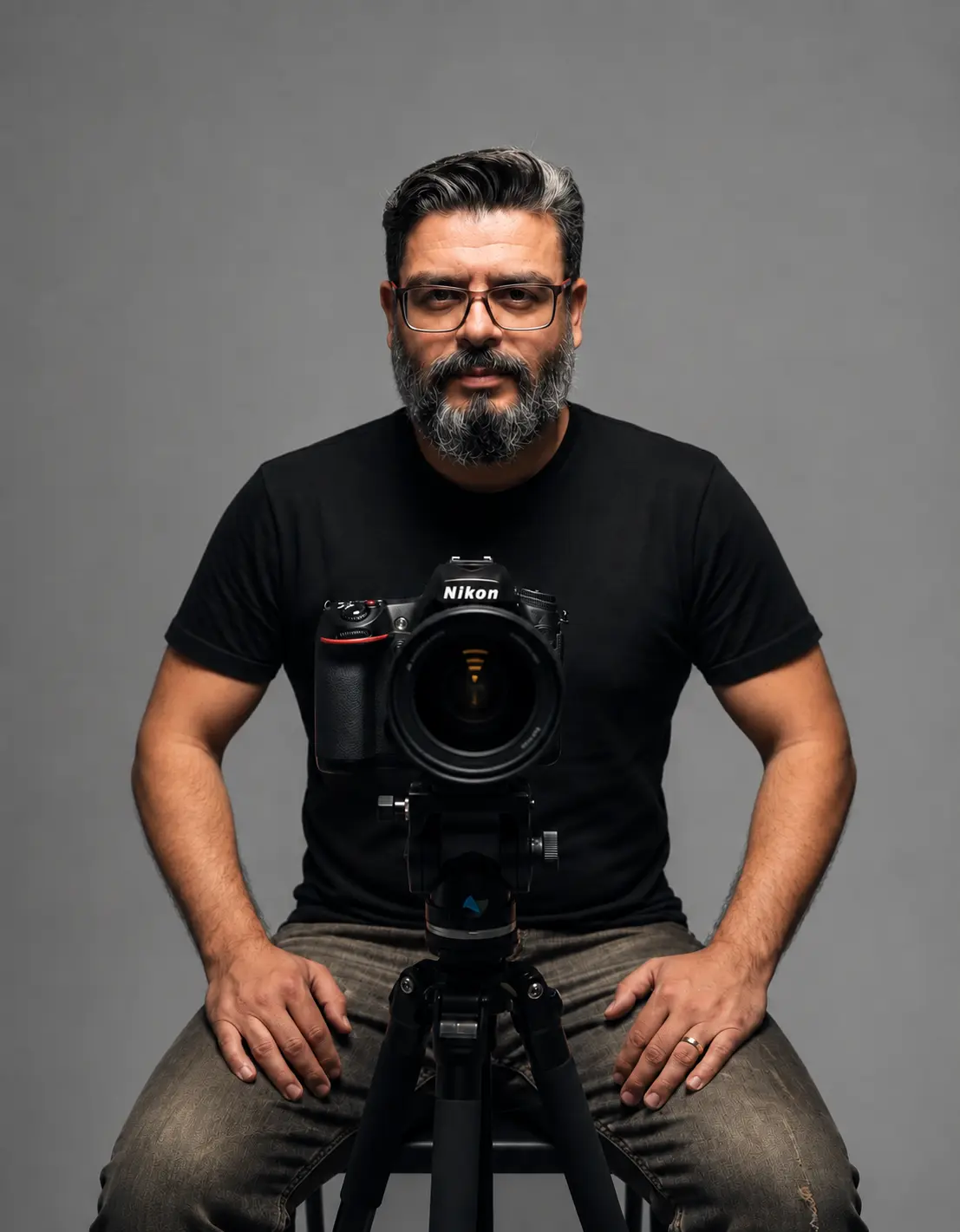Odeval Menezes, fotógrafo corporativo, sentado com sua câmera Nikon em estúdio